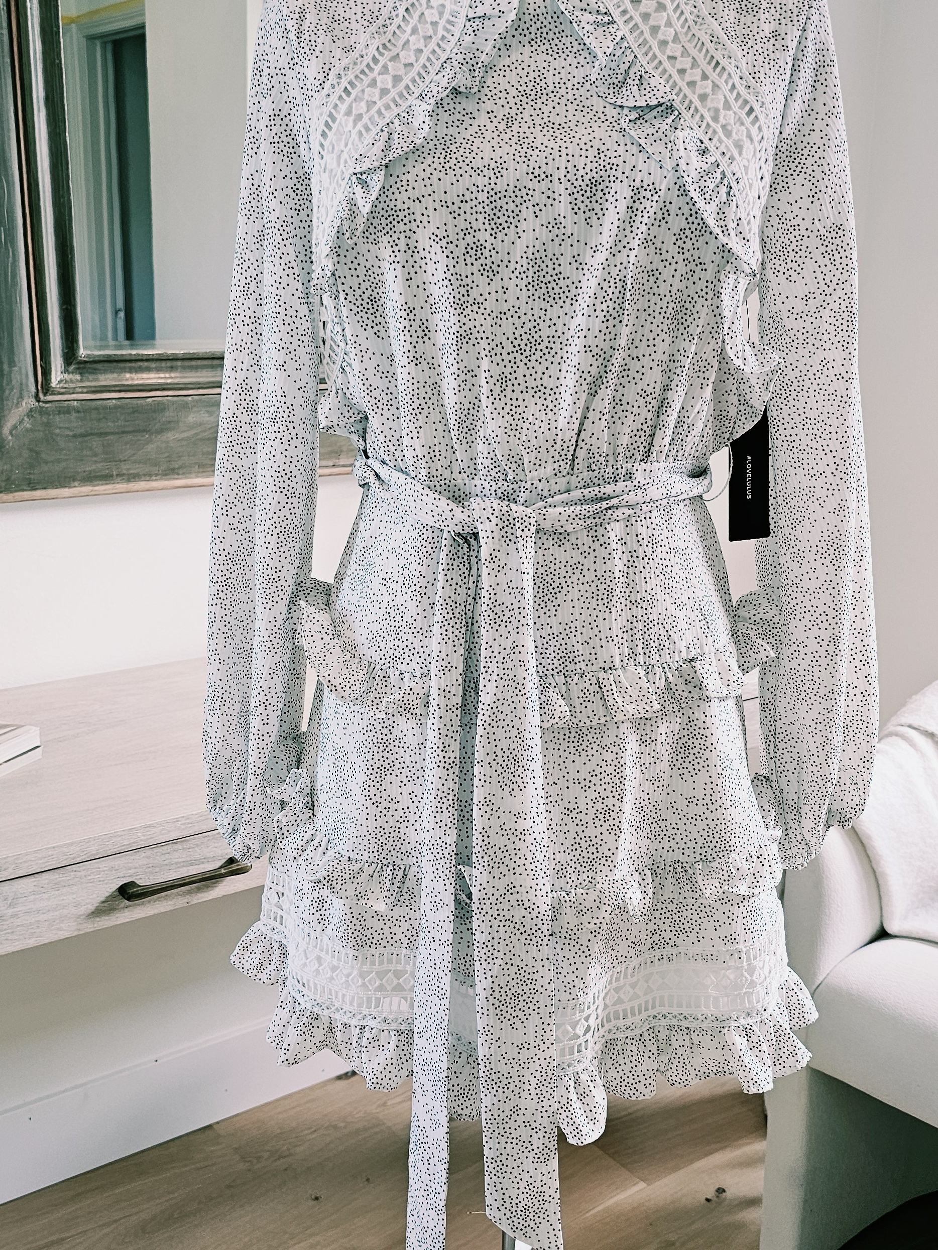 Lulu's White Black Polka Dot Long Sleeve Ruffle Dress Size S